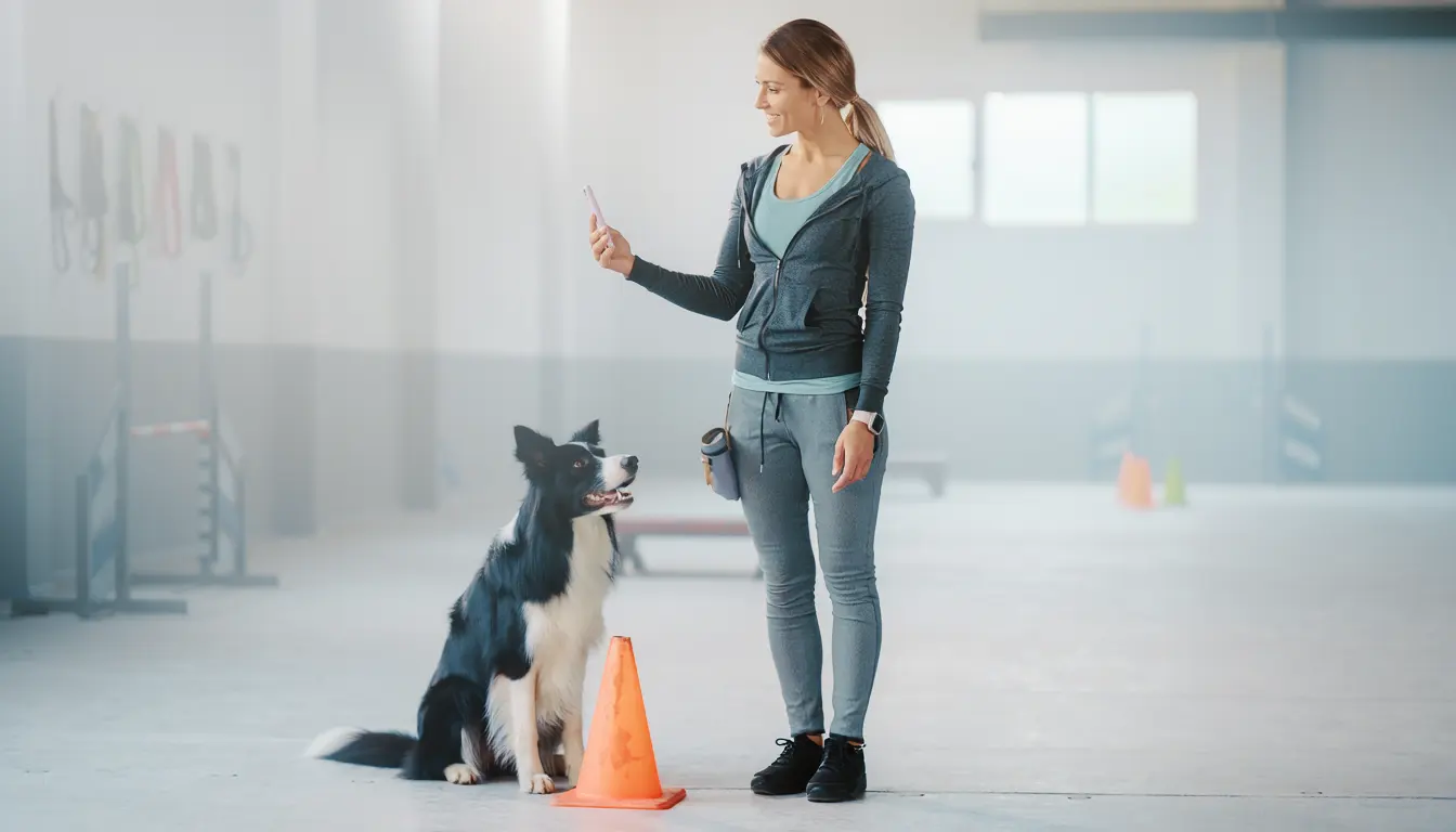Trainerin hält in der Trainingshalle ihr Handy, neben ihr sitzt ein Hund