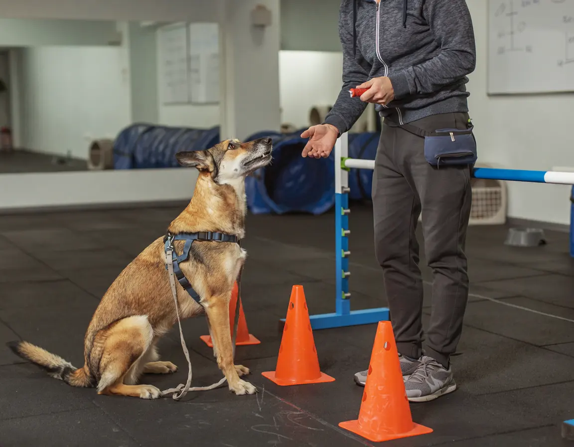 Trainer:in übt in der Halle mit einem sitzenden Hund
