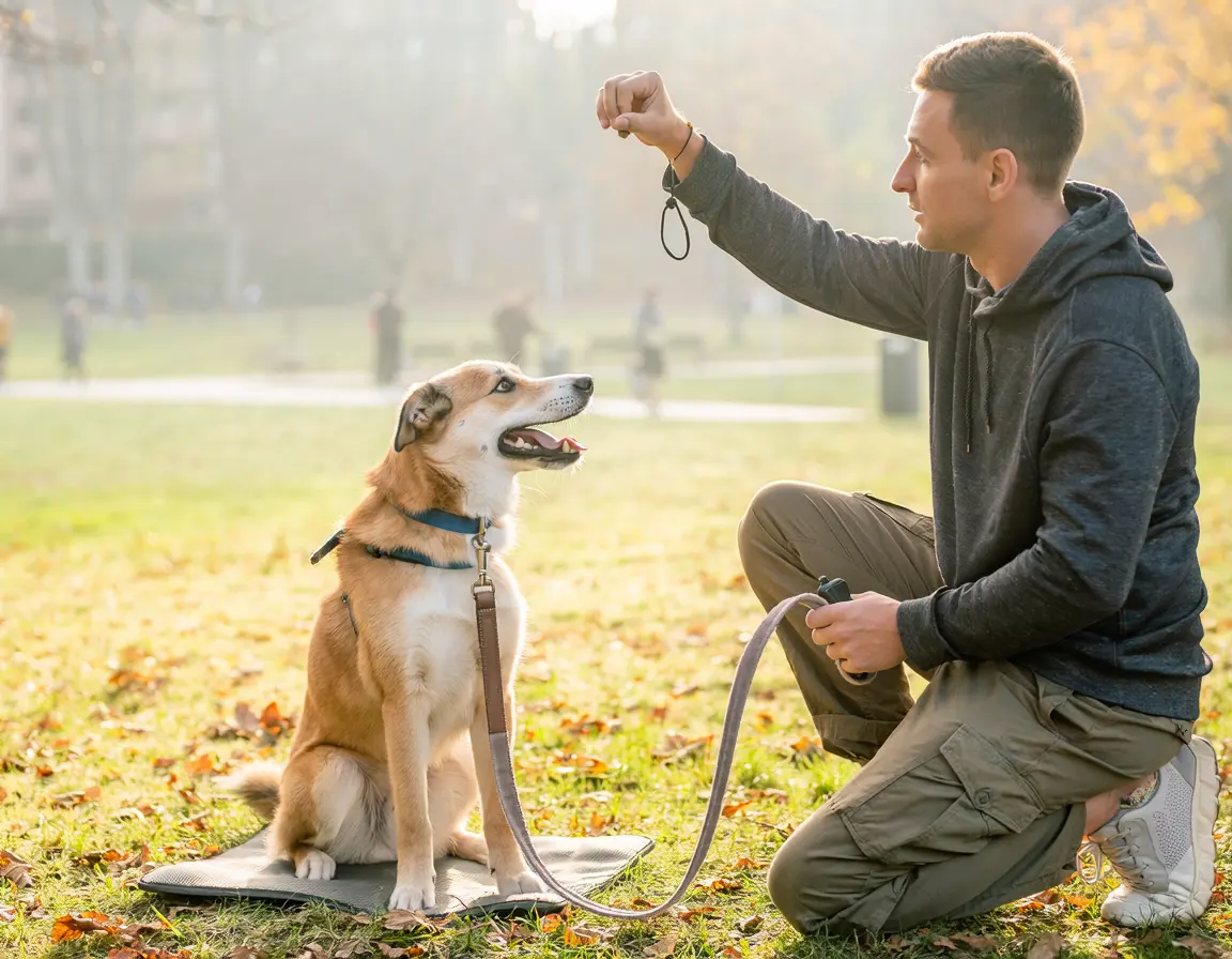 Trainer:in kniet vor einem sitzenden Hund mit Leckerli