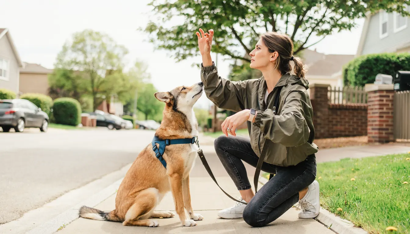 Kundin übt mit ihrem Hund auf dem Gehweg