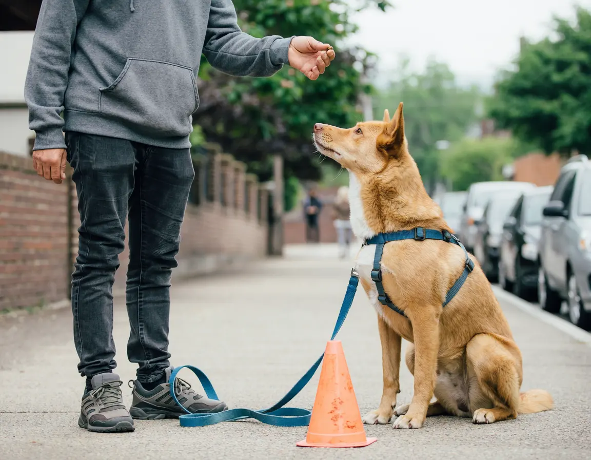 Hund sitzt neben einem Hütchen und schaut zum Leckerli