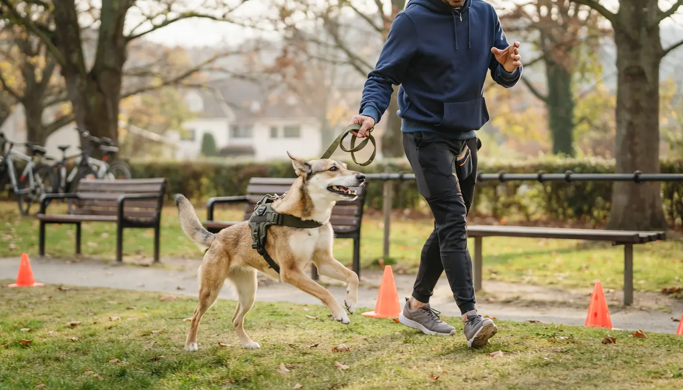 Hund läuft einen Hütchenparcours im Park