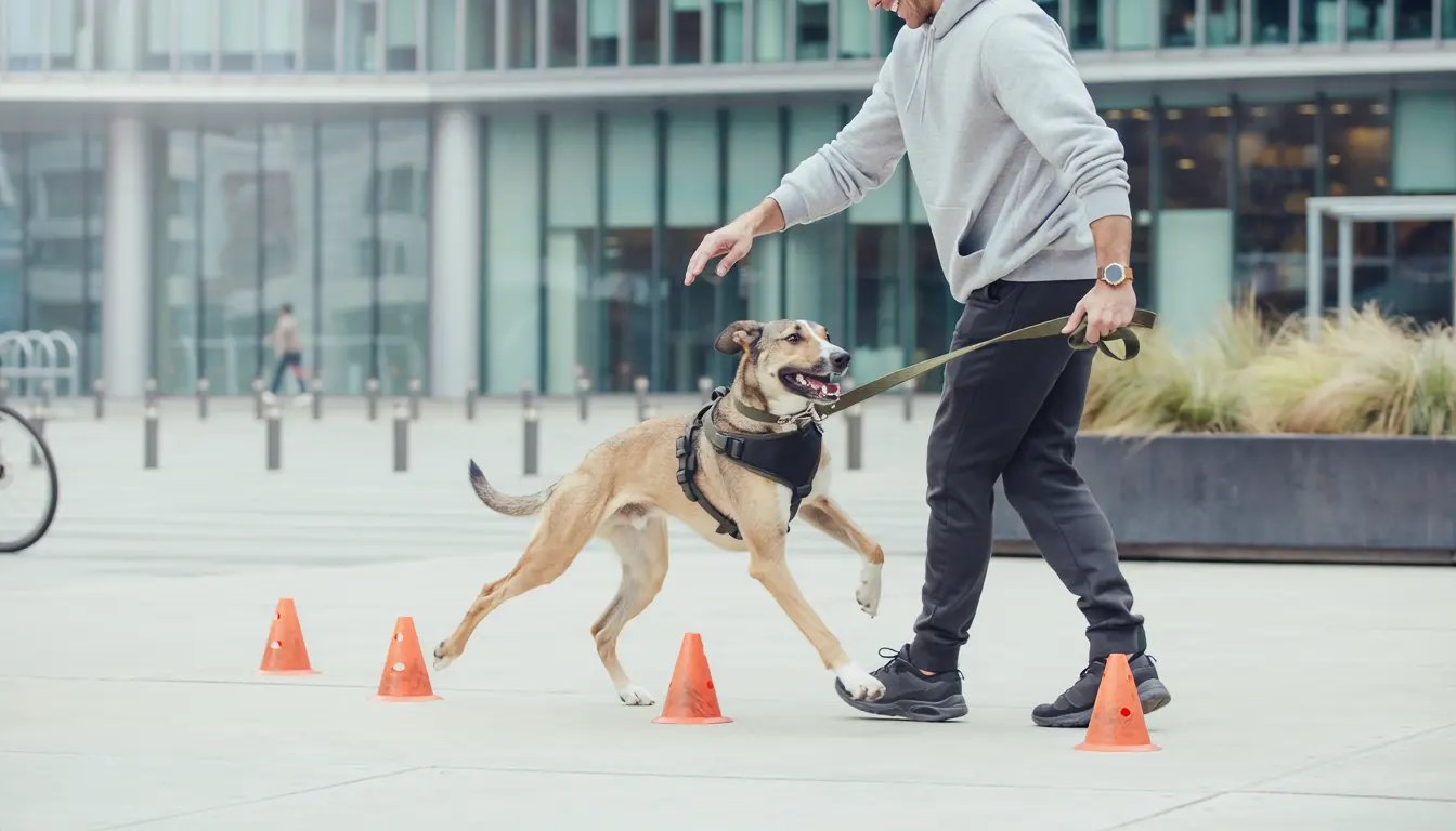 Trainer:in übt mit dem Hund zwischen Hütchen